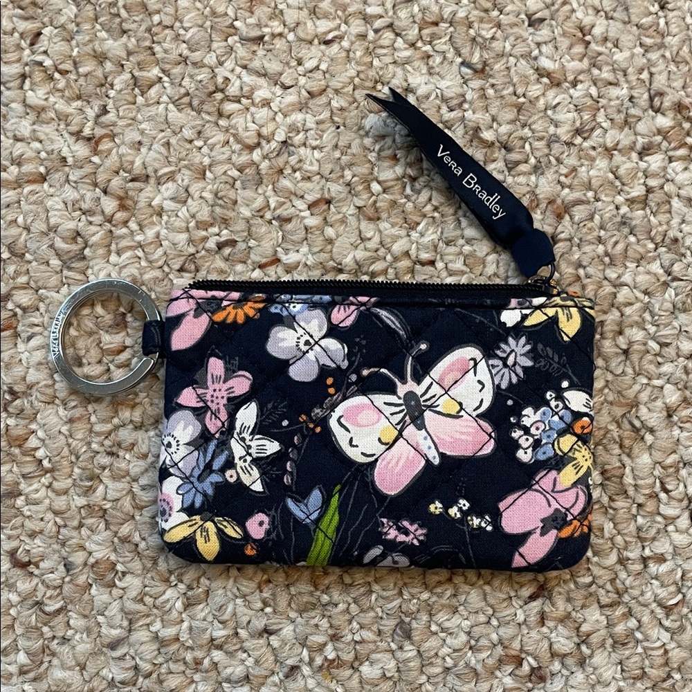 Vera Bradley Navy Floral Butterfly Zip ID Case Keychain